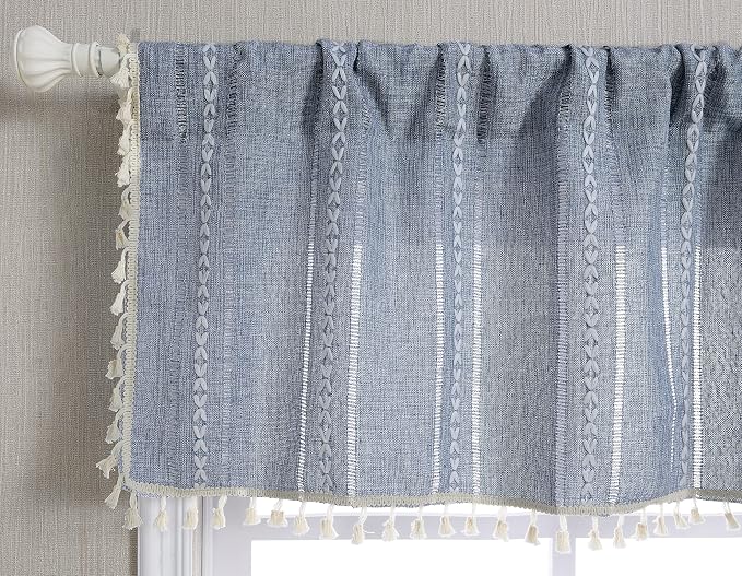 RoomTalks Boho Kitchen Valances for Windows Embroidered French Striped Farmhouse Vintage Chic Textured Tassel Curtain Valances for Bathroom Living Room Bohemian Decor (18’’L x 52’’W, Blue)