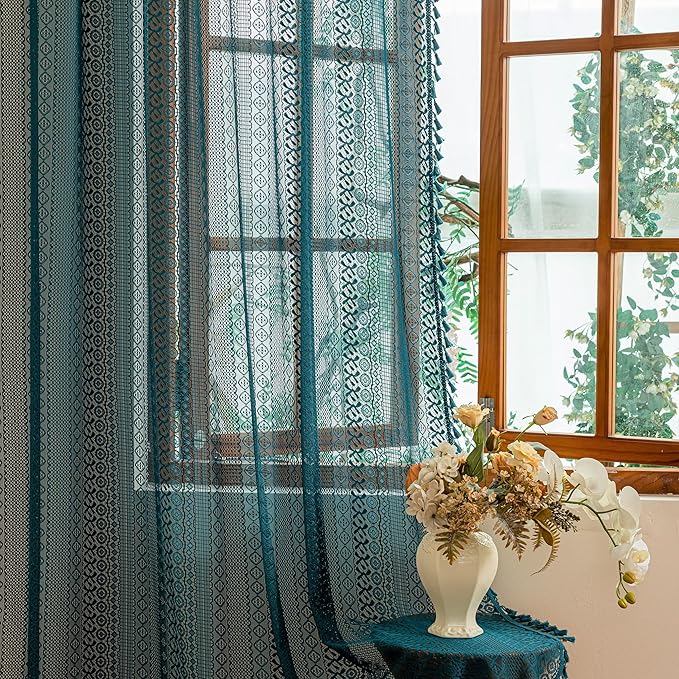 Sutuo Home Boho Curtains 2 Panels for Kitchen Nursery,Turquoise Lace Curtains Semi Sheer Crochet Vintage Hollow Country Tassels Bohemian Drape Privacy Window Treatments Rod Pocket, 50" x 63" Teal