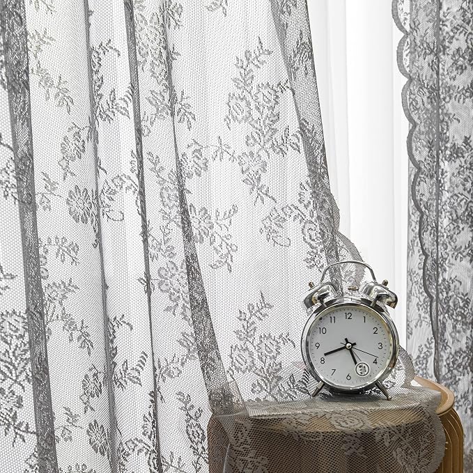 Sutuo Home Gray Lace Curtains 96 Inch Long 2 Panels Set, Sheer Chic Floral Vintage Voile Window Panel Treatment for Bedroom/Living Room/Kitchen, Decor Rod Pocket W57 x L96