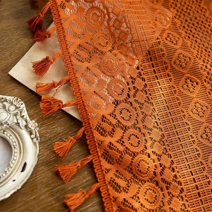 Sutuo Home Terracotta Boho Kitchen Curtains 54 inches Long, Burnt Orange Cottagecore Semi Sheer Privacy Crochet Vintage Tassels Bohemian Lace Window Curtains for Nursery Rod Pocket, 2 Panels 50" W