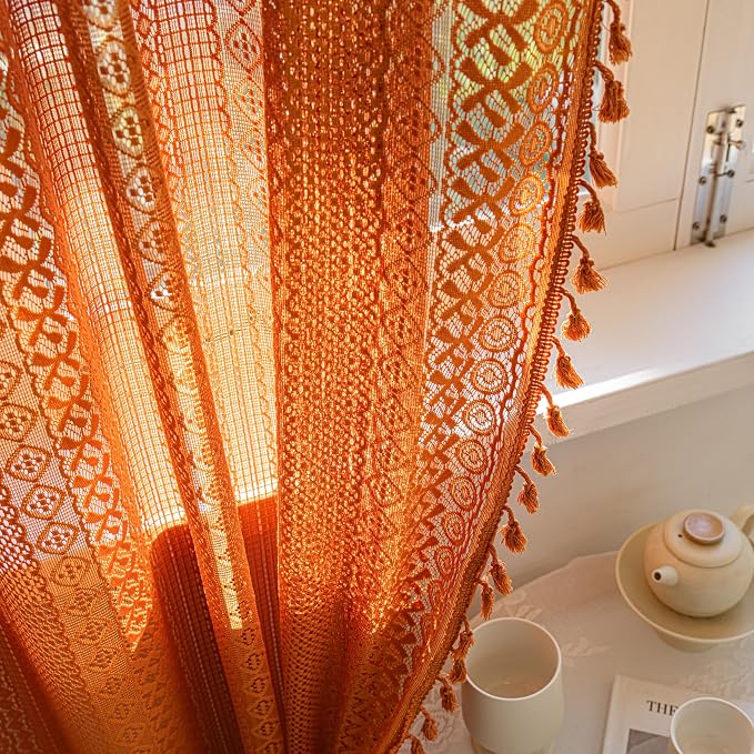 Sutuo Home Boho Curtains for Bedroom Living Room Kitchen,Crochet Lace Sheer Bohemian Hollow with Tassels,Window Treatment Drapes for Halloween Decor, Rod Pocket 1 Panel 59" W x 96" L, Burnt Orange