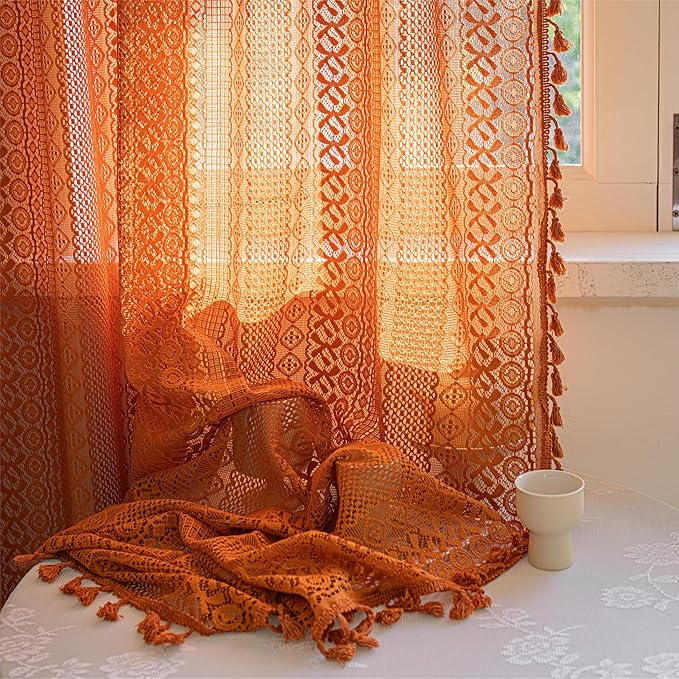 Sutuo Home Burnt Orange Boho Curtains 102 inches Long for Bedroom Dining Room, Crochet Lace Sheer Bohemian Tassels Hollow Knitted,Window Treatment Drapes Fall Decor, Rod Pocket 1 Panel 59" W x 102" L