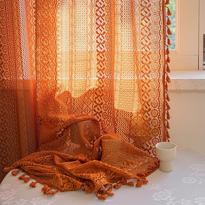 Sutuo Home Boho Curtains for Bedroom Living Room Dining Room, Crochet Lace Sheer Bohemian Country Tassels,Window Treatment Drapes for Halloween Decor, Rod Pocket 1 Panel 59" W x 120" L, Orange
