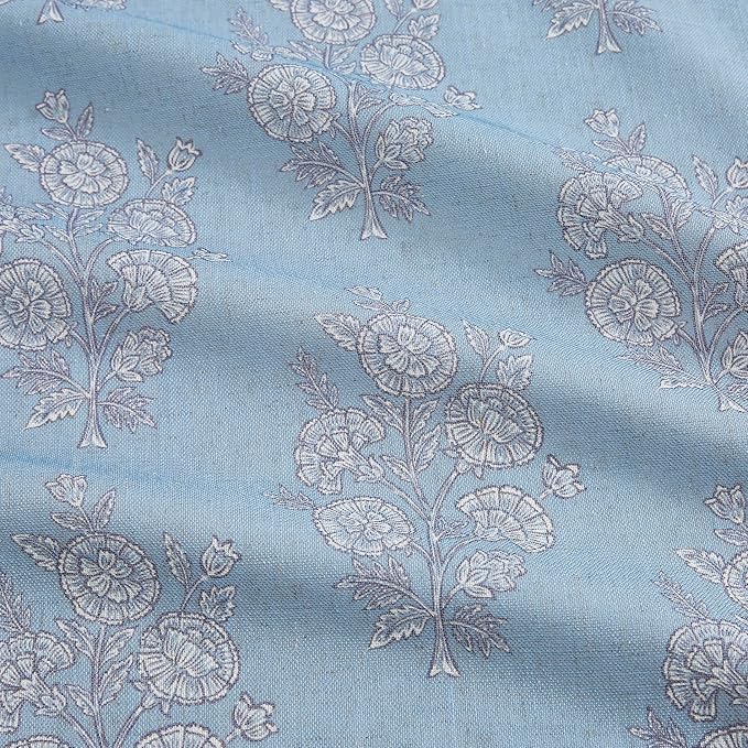 Vision Home Blue Block Print Pinch Pleated Light Filtering Curtains Panels, Linen Window Drapes with Microfiber Liner & Back Tab Hooks for Living Room Bedroom, Coastal Botanical 40x84 Inch Set of 2