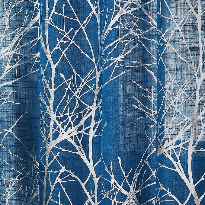 FMFUNCTEX Linen Semi Sheer Curtains for Bedroom & Living Room, Silver Metallic Print Navy Blue Tree Panel, Light Filtering, 63 Inches Long, 2 Panels