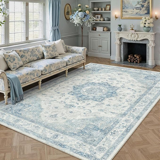 PureCozy Blue Area Rug 6x9 Washable Vintage Carpet for Living Room Bedroom Large Soft Retro Low Pile Thin Indoor Rug Non Slip Oriental Medallion Floor Cover for Dining Room Office