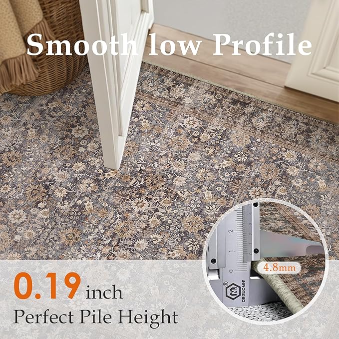 HUGEAR 4x6 Machine Washable Rugs Tradition Brown Hallway Area Rug Indoor Accent Rug Floral Low Pile Carpet Soft Throw Rug Bedroom Living Room Office Dining Room Kitchen Laundry Room Non Slip