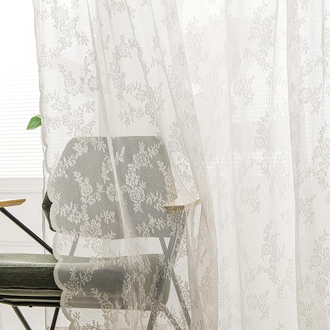 Sutuo Home Ivory Lace Curtains 96 Inches Long 2 Set, Sheer Panels Floral Embroidery Vintage Voile Window Treatment Pair for Bedroom Living Room Kitchen, Retro Christmas Decor Rod Pocket, W57 x L96