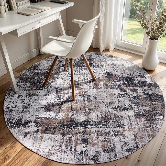 Sasttie 5ft Soft Round Area Rug, Modern Abstract Washable Circle Carpet for Living Room, Bedroom, Dining Room Table, with Non-Slip Backing, Black and Brown