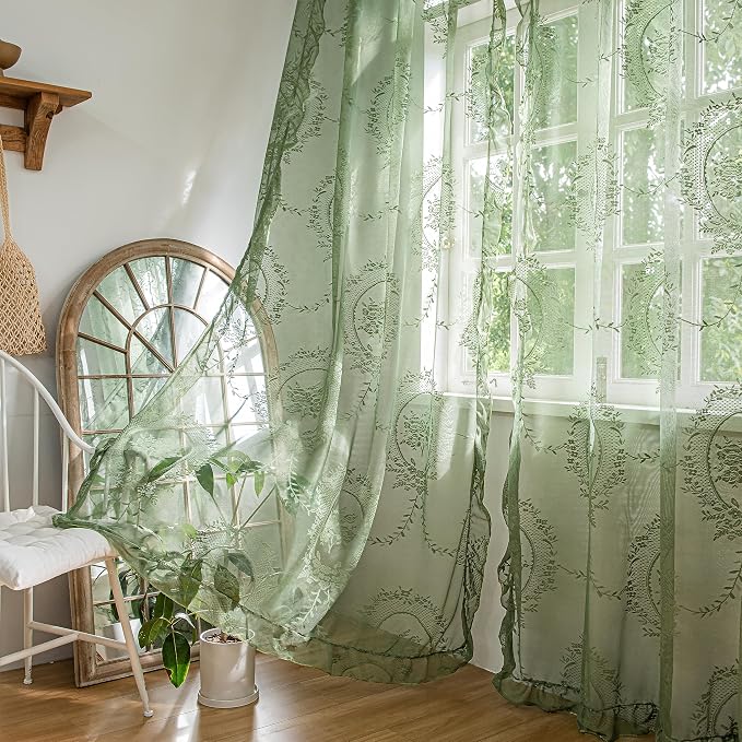 Sutuo Home Olive Green Lace Sheer Curtains 84 Inches Long for Bedroom Living Room Nursery,Rose Floral Embroidery Ruffled Vintage Chic Window Treatment Privacy Drapes, Rod Pocket,W57 x L84, 2 Panels