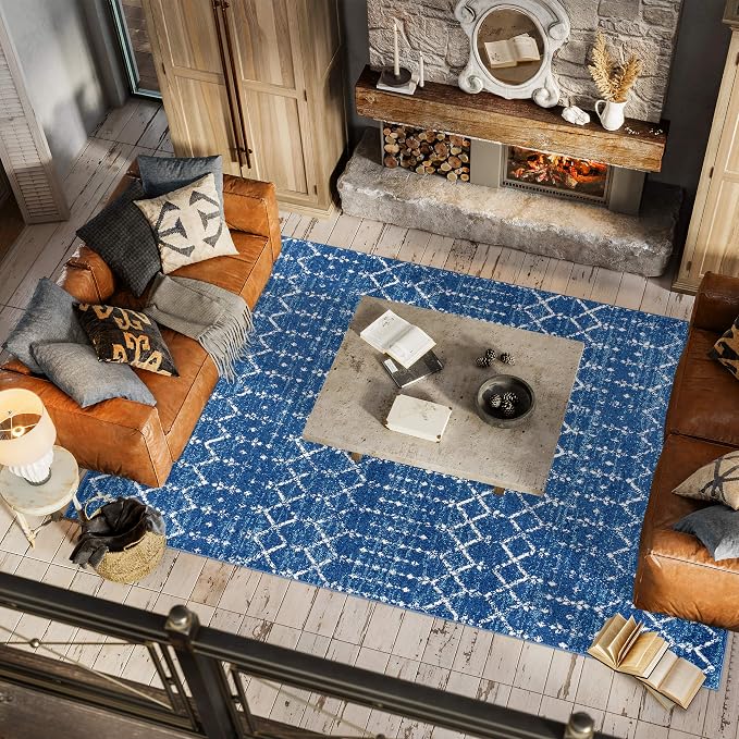 JONATHAN Y Boho Vintage Diamond Blue/White Indoor Area Rug 3X5 ft, Moroccan Hype for Living Room, Bedroom, Kitchen, Office, Easy-Cleaning, High Traffic, Pet-Friendly, Non-Shedding (MOH101A-3)