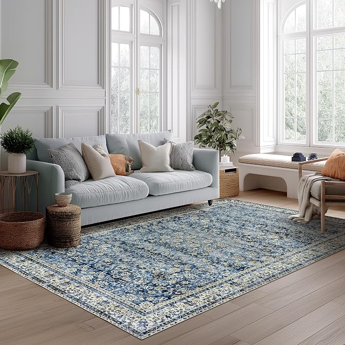 BILEEHOME Dark Blue 5x8 Area Rug for Bedroom Neutral Boho Vintage Floral Design Washable No Slip Soft Rugs for Living Room Home Office Blue Low Pile Dining Room Carpet for Under Table 5 x 8