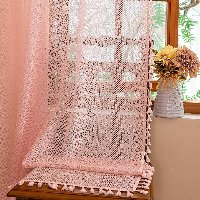 Sutuo Home Lace Sheer Boho Curtains for Bedroom Dining Room, Soft Plush Pink Bohemian Crochet Tassels Farmhouse Window Curtains Drapes Vintage Chic Decor, Rod Pocket 1 Panel 59" W x 96" L, Light Pink