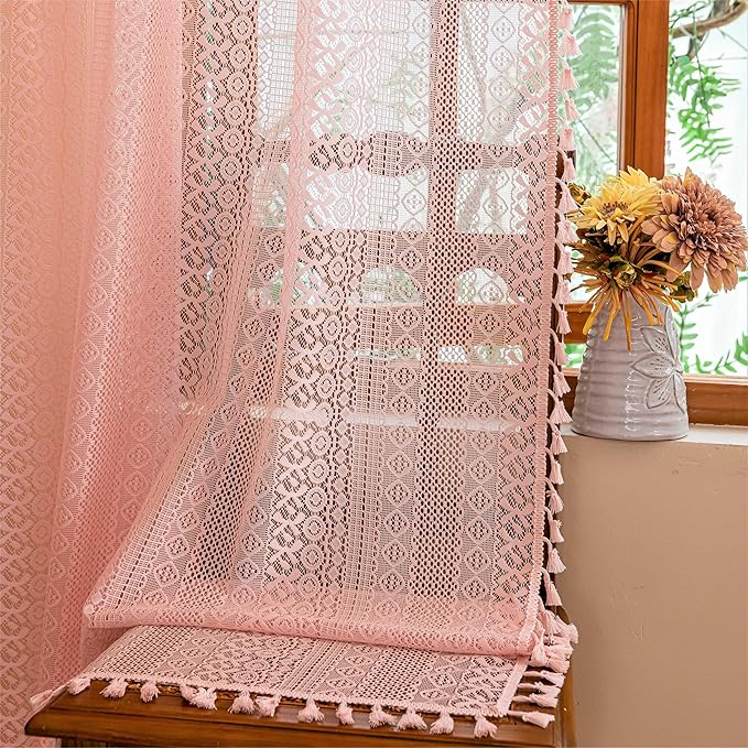 Sutuo Home Boho Lace Curtains for Girls' Room Nursery, Bohemian Vintage Chic Crochet Farmhouse Semi Sheer Geometry Fringes Window Treatment Cottage Drapes, Rod Pocket 1 Panel 59" W x 63" L Light Pink