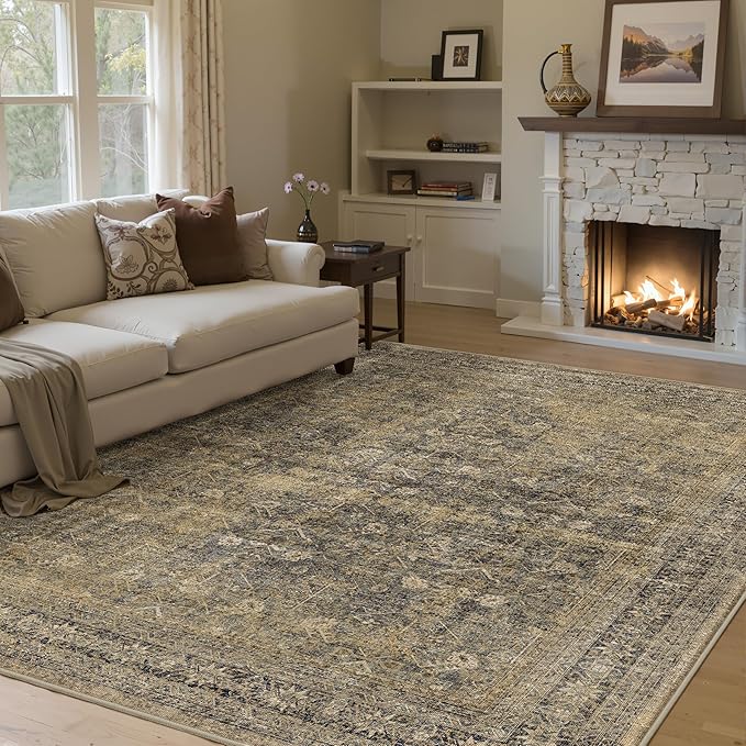 PureCozy 6x9 Brown Black Area Rug for Living Room Washable Vintage Distressed Carpet Large Bedroom Low Pile Non Slip Indoor Soft Retro Throw Accent Rug Office Kitchen Bathroom Dining Room