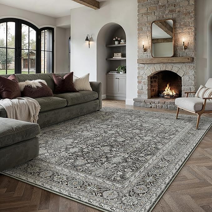 PureCozy Vintage Area Rug 8x10 Black Washable Living Room Large Carpet Non Slip Bedroom Indoor Office Low Pile Traditional Distressed Retro Accent Rug for Dining Room