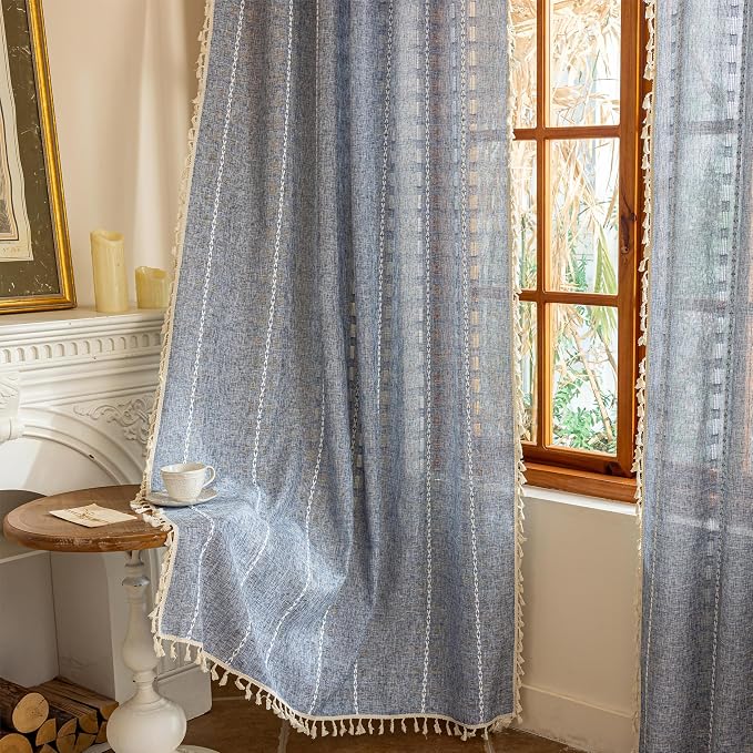 Boho Curtains 90 Inches Long 2 Panels for Bedroom Windows, Bohemian Semi Sheer Drapes, Farmhouse Privacy Beige Tassels Vintage Chic Drape Embroidery Window Treatments,Back Tab & Rod pocket Denim Blue