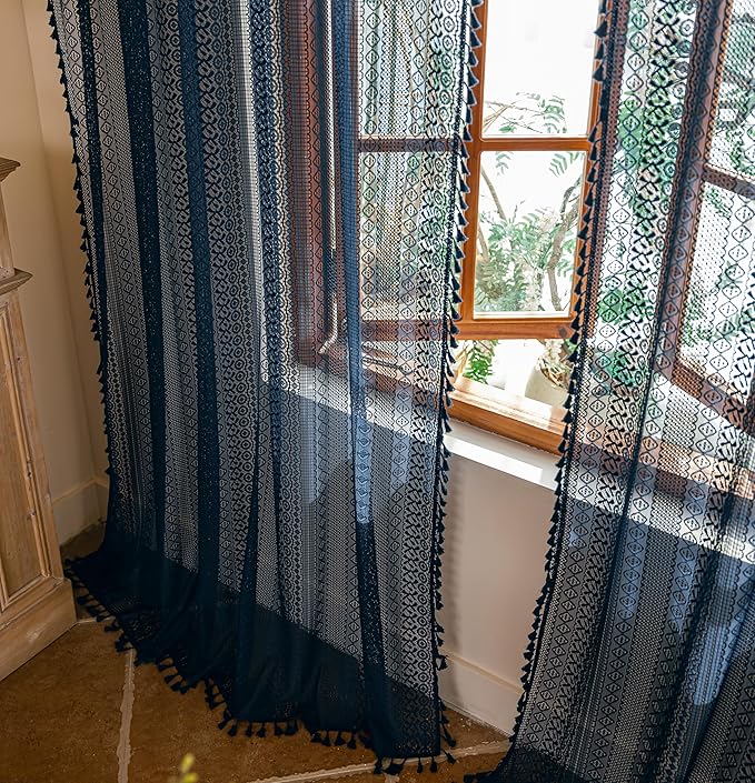 Sutuo Home Navy Blue Boho Curtains 2 Panels 84 Inches Long for Bedroom Living Room, Semi Sheer Macrame Lace Crochet Privacy Farmhouse Vintage Tassels Retro Strips Window Curtains Decor Rod Pocket,50"W