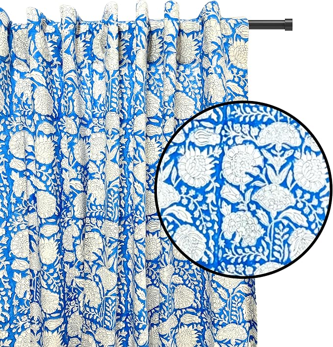 ATOSII 100% Cotton Single Panel Floral Block Print Curtain, Easy Hanging with Rod Pocket & Loop, Living Room, Dining Room, Bedroom Light Filtering Boho Curtains, Set of 1, 60" W X 84" L, Azora Blue