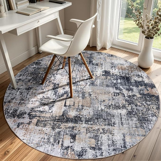 Sasttie 4ft Soft Round Area Rug, Modern Abstract Washable Circle Carpet for Living Room, Bedroom, Dining Room Table, with Non-Slip Backing, Black and Cream
