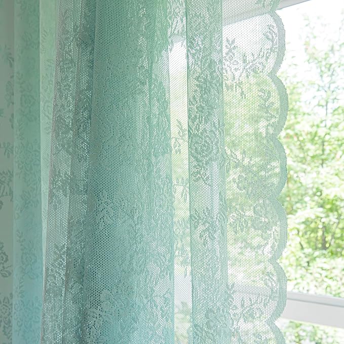Sutuo Home Teal Blue Lace Curtains 84 Inches Long 2 Set, Sheer Panels Rose Floral Embroidery Vintage Window Treatment Pair for Bedroom Living Room, Retro Christmas Decor Rod Pocket, W57 x L84