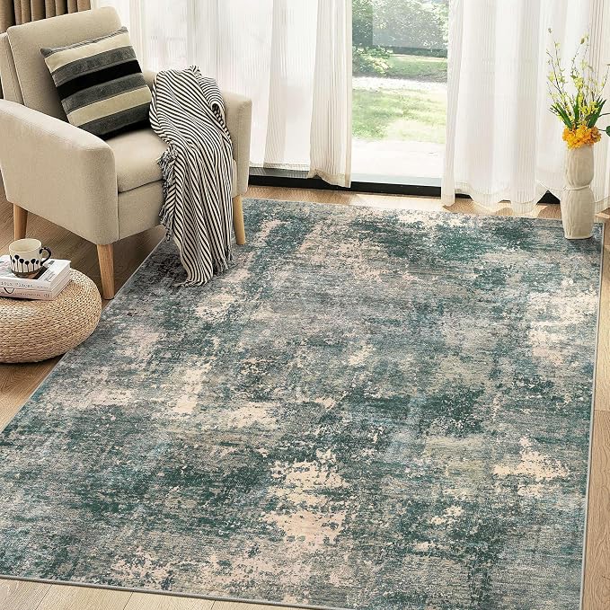 Abstract 5x7 Area Rug: Machine Washable Non Slip Ultra Thin Low-Pile Carpet, Soft Stain Resistant for Living Room Bedroom Nursery, Kid Pet Friendly, Robot Vacuum Compatible - Dark Green/Beige