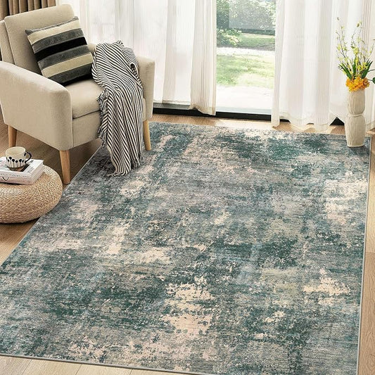 Abstract 5x7 Area Rug: Machine Washable Non Slip Ultra Thin Low-Pile Carpet, Soft Stain Resistant for Living Room Bedroom Nursery, Kid Pet Friendly, Robot Vacuum Compatible - Dark Green/Beige