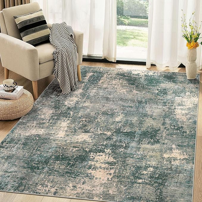 Abstract 6x9 Area Rug: Machine Washable Non Slip Ultra Thin Low-Pile Carpet, Soft Stain Resistant for Living Room Bedroom Nursery, Kid Pet Friendly, Robot Vacuum Compatible - Dark Green/Beige
