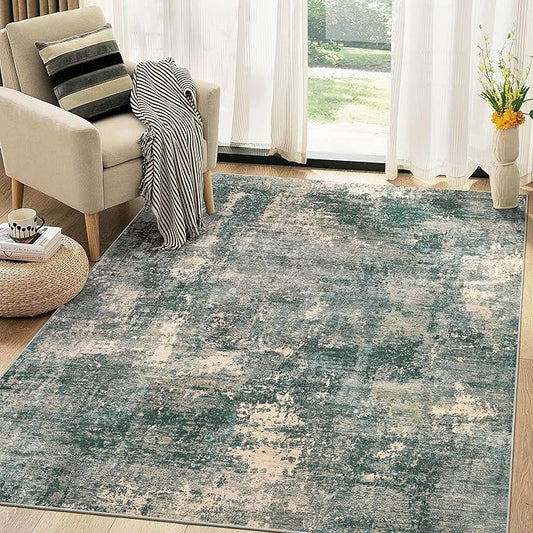Abstract 7x9 Area Rug: Machine Washable Non Slip Ultra Thin Low-Pile Carpet, Soft Stain Resistant for Living Room Bedroom Nursery, Kid Pet Friendly, Robot Vacuum Compatible - Dark Green/Beige