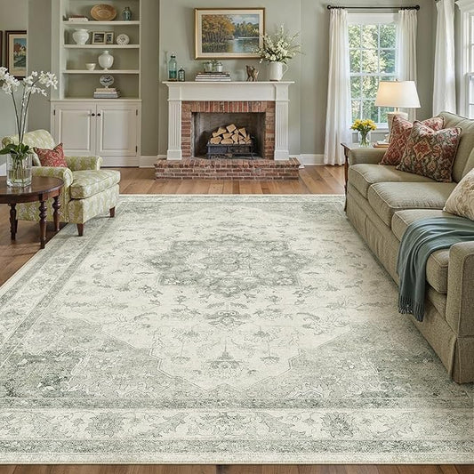 PureCozy Green Area Rug 6x9 Washable Living Room Carpet Vintage Non Slip Soft Bedroom Indoor Office Retro Low Pile Thin Oriental Medallion Large Rug for Dining Room Playroom