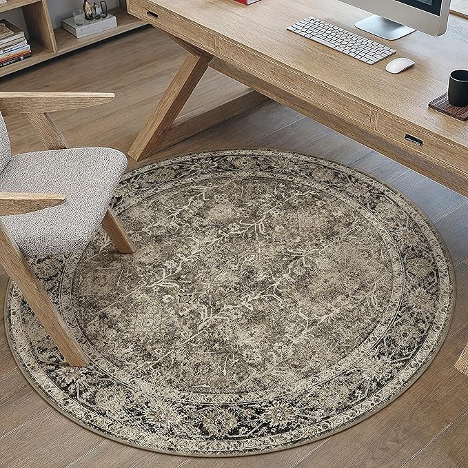 PureCozy Brown Round Area Rug 4ft Entryway 4x4 Circle Vintage Indoor Kitchen Washable Door Mat Living Room Carpet Non Slip Traditional Distressed Retro Accent Throw Rug Office Dining Room Bathroom