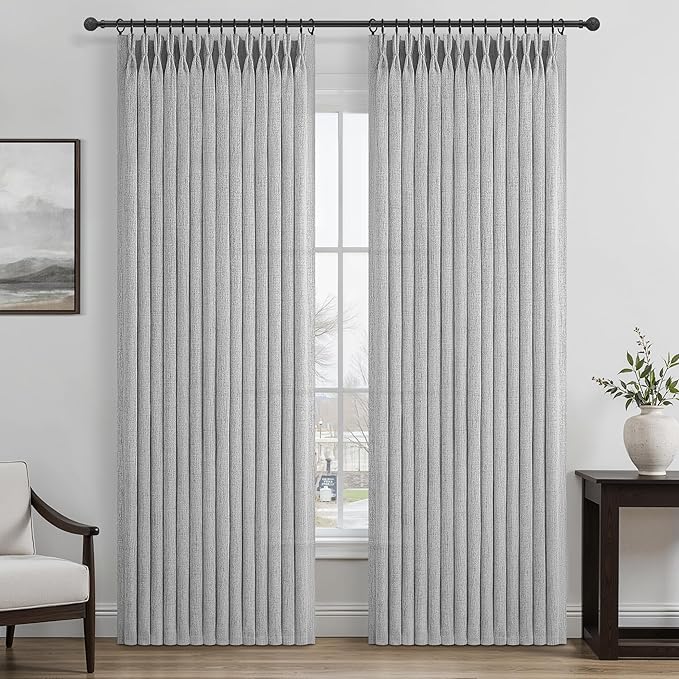 Thick Linen Light Grey Pinch Pleated Curtains 84 Inches Long for Living Room 2 Panels Set, Farmhouse Semi Through Light Filtering Bedroom Curtain Privacy Elegant Window Drapes 7 FT Length Gray Burg