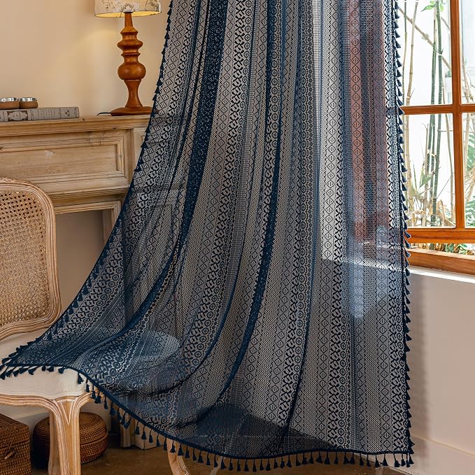 Sutuo Home Sheer Boho Curtains for Dining Room Bedroom, Window Lace Curtains Bohemian Crochet Shabby Chic Tassels French Country Long Strips Vintage Decor, Rod Pocket 1 Panel 59" W x 96" L, Navy Blue