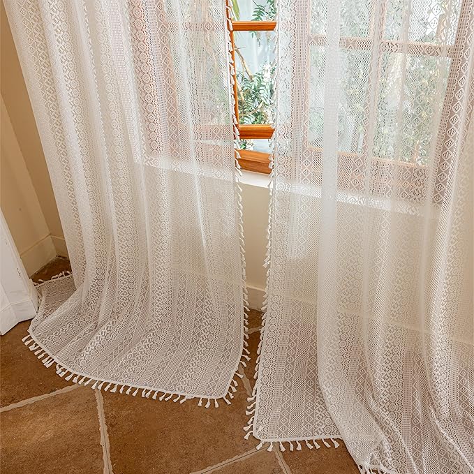 Sutuo Home Boho Lace Curtains 84 Inches Long for Bedroom&Living Room, Bohemian Crochet Privacy Farmhouse Vintage Chic Tassels Ivory Retro Window Sheer Curtains Decor Rod Pocket, 2 Panels 50" W,White