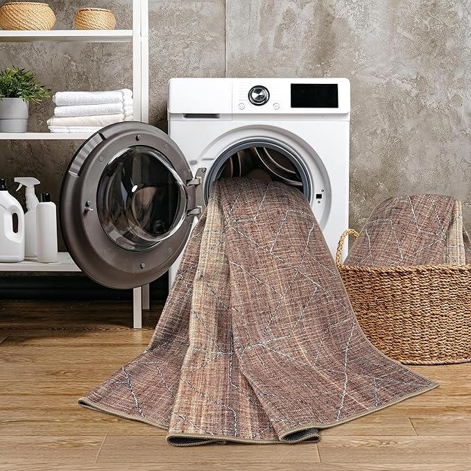 GLN Rugs Contemporary Collection - Machine Washable Area Rug, Contemporary Washable, Non Slip, Low Pile Chenille Rug, Living Room, Bedroom, Kitchen Rug (5'3" Round Terra/Brown)