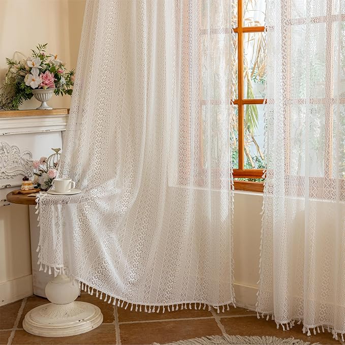 Sutuo Home White Boho Lace Curtains 2 Panels for Kitchen Living Room, Sheer Curtains Crochet Vintage Country Tassels Bohemian Ivory Privacy Window Treatments Rustic Geometry Rod Pocket, 50" x 63"