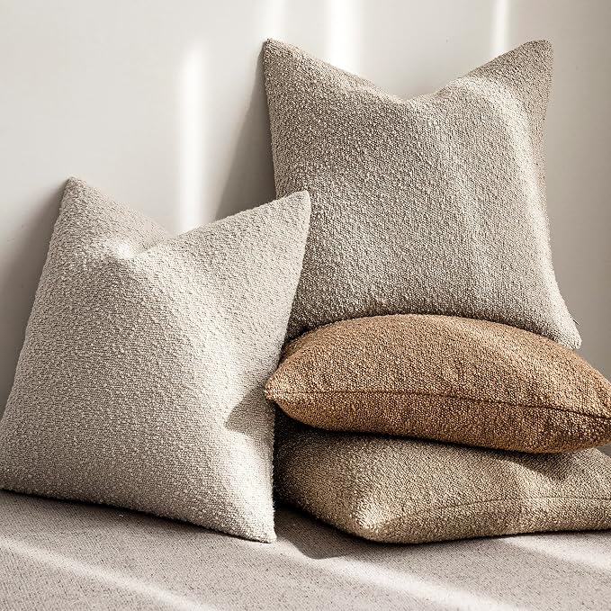 Foindtower Pack of 2 Textured Boucle Throw Pillow Covers Accent Solid Pillow Cases Cozy Soft Decorative Couch Cushion Case for Chair Sofa Bedroom Living Room Home Decor, 18 x 18 Inch,Oatmeal