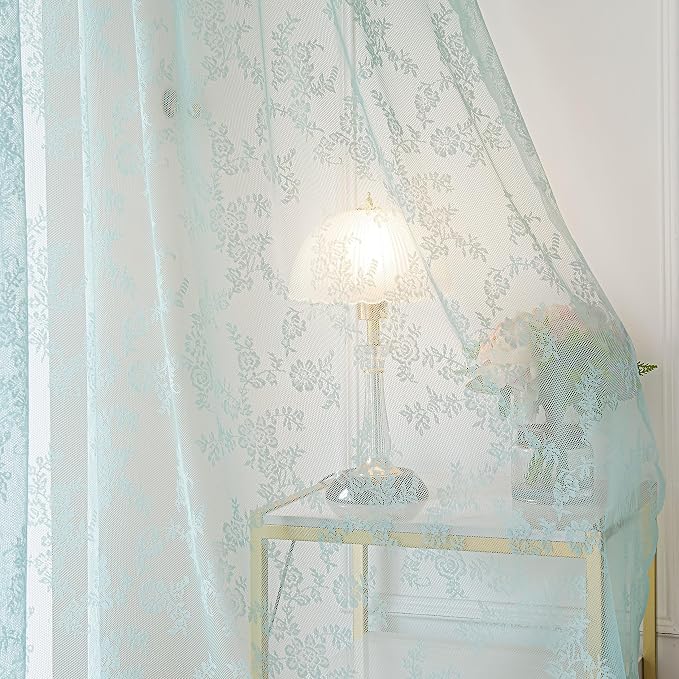 Sutuo Home Teal Blue Lace Curtains Set of 2, Sheer Panels 63 Inch Length Florals Embroidery Vintage Victorian Window Treatment Pair for Bedroom Living Room, Shabby Chic Decor Rod Pocket, W57 x L63
