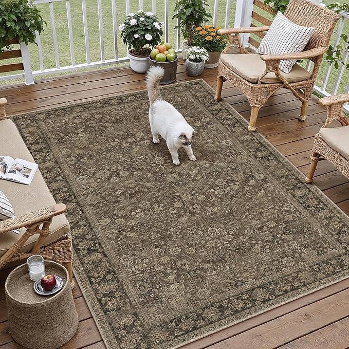 HUGEAR 4x6 Indoor/Outdoor Rug Brown Linen-Look Fabric Vintage Area Rug High Traffic Stain Resistant Easy Clean Durable Rugs for Living Kitchen Patio Deck Balcony Porch Garden Courtyard