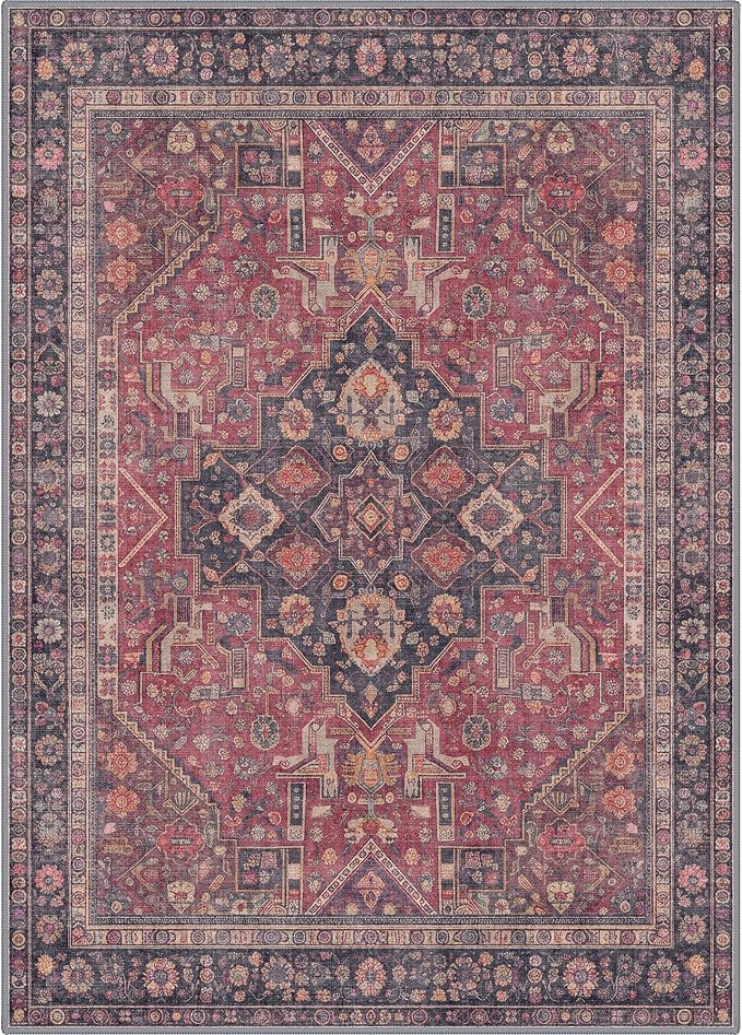 GENIMO 5x7 Area Rugs for Living Room, Machine Washable Non Slip Rugs, Low Pile Lightweight Print Rug for Bedroom, Dining Room, Home Office, Vintage Scarlet