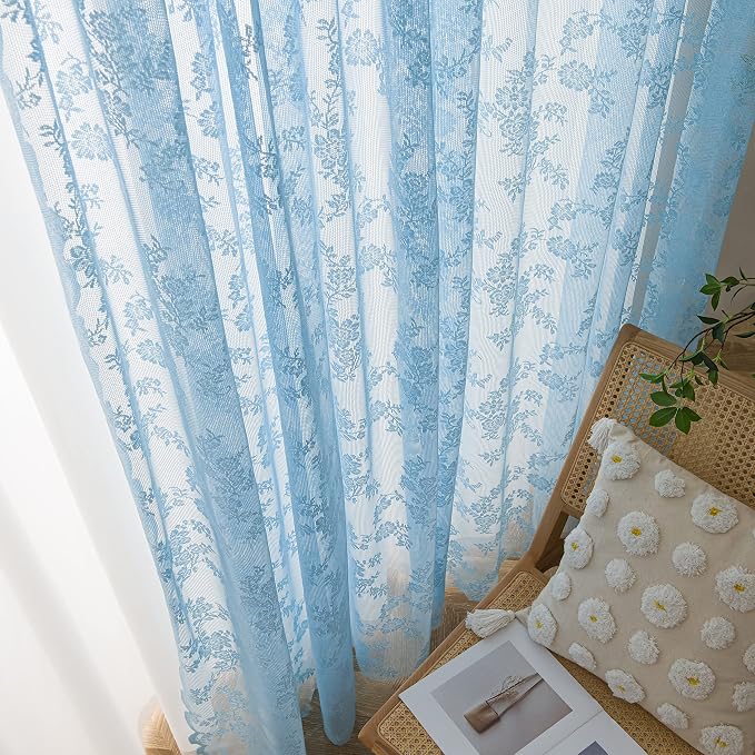 Sutuo Home Lace Curtains Set of 2 Blue Sheer 96 Inch Long Window Curtain Panels Floral Embroidery Vintage Voile Window Panel Treatment for Bedroom Living Room Kitchen Decor Rod Pocket W57 x L96