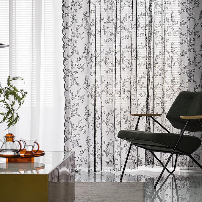 Sutuo Home Black Lace Curtains 96 Inches Long 2 Panels Set, Sheer Panels Gothic Retro Florals Vintage Voile Window Treatment for Bedroom/Living Room/Halloween Decor Rod Pocket W57 x L96