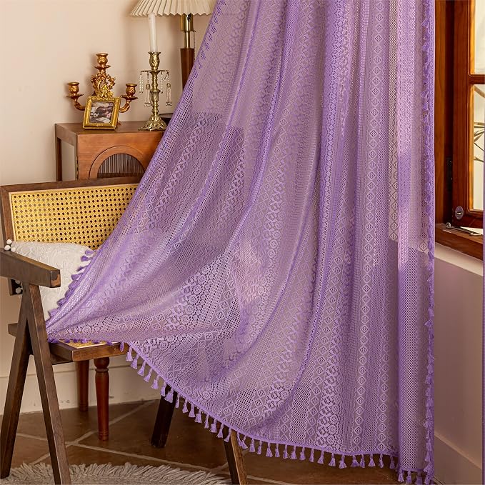 Sutuo Home Lavendar Boho Lace Curtains 72 inch Lengh for Nursery Bedroom, Purple Sheer Curtains Privacy Crochet Vintage Chic Tassels Bohemian Window Treatments Geometry Rod Pocket, 2 Panels 50" W