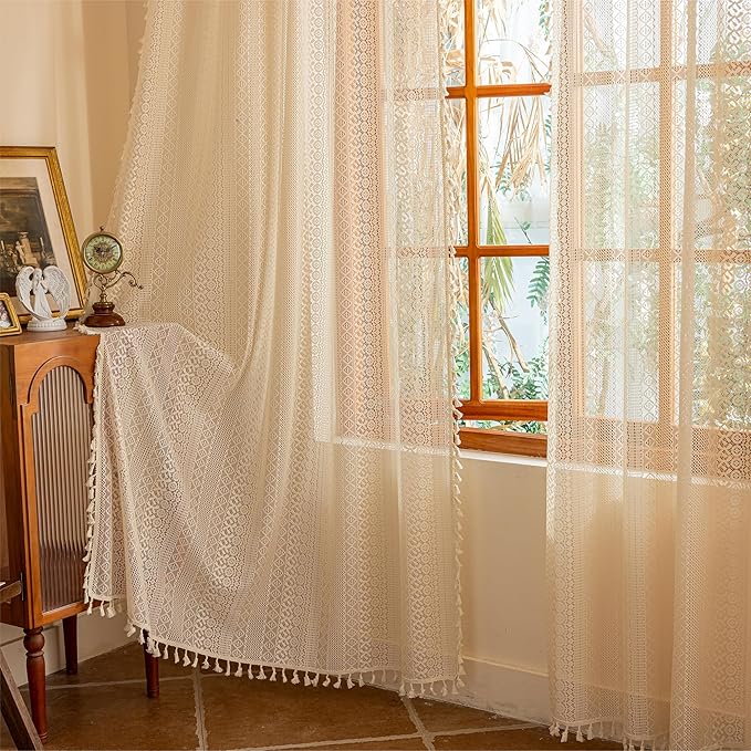 Sutuo Home Beige Boho Lace Curtains 72 inches Long for Nursery Bedroom, Sheer Curtains Privacy Crochet Light Filtering Vintage Tassels Bohemian Window Treatments Geometry Rod Pocket, 2 Panels 50" W