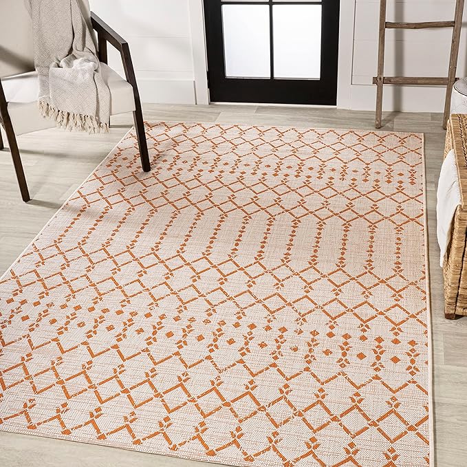 JONATHAN Y Moroccan Geometric Indoor Outdoor Area Rug 9X12 Cream/Orange, Ourika Textured Weave for Backyard, Patio, Porch, Easy-Cleaning, High Traffic, Pet-Friendly, Non-Shedding (SMB108O-9)
