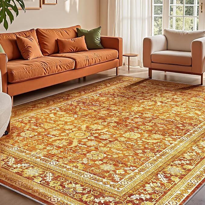 OPPODREAM Vintage Orange Area Rugs 10x14, 10 x 14 Retro Washable Rug Non Slip, Low-Pile Faux Wool Carpet, Distressed Floor Mat for Living Room, Bedroom, Office, Dorm, Dinning Room, Big & Large
