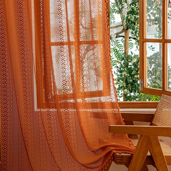 Sutuo Home Terracotta Boho Sheer Curtains 72 inches Long for Nursery Bedroom, Lace Curtains Bohemian Burnt Orange Privacy Crochet Light Filtering Vintage Tassels Halloween Rod Pocket, 2 Panels 50" W