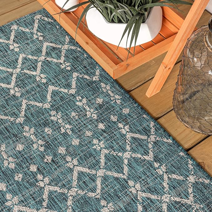 JONATHAN Y Moroccan Geometric Indoor Outdoor Area Rug 3X5 Teal/Gray, Ourika Textured Weave for Backyard, Patio, Porch, Easy-Cleaning, High Traffic, Pet-Friendly, Non-Shedding (SMB108C-3)