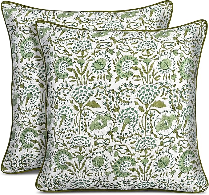 CPC 100% Cotton Throw Pillow Covers 18x18 Inch, Set of 2 Green Block Print Pattern Couch Pillow, Cute Boho Decorative Pillows for Living Room, Bedroom with Hidden Zipper- Agate Green