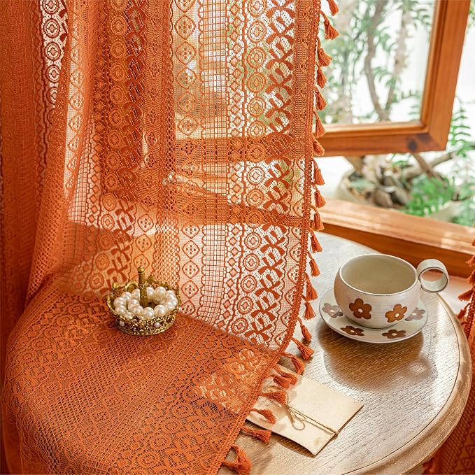 Sutuo Home Boho Sheer Curtains 63 Inch Length for Kitchen Nursery, Lace Curtains Burnt Orange Crochet Vintage Country Tassels Bohemian Privacy Rustic Geometry Rod Pocket, 2 Panels 50" x 63" Terracotta